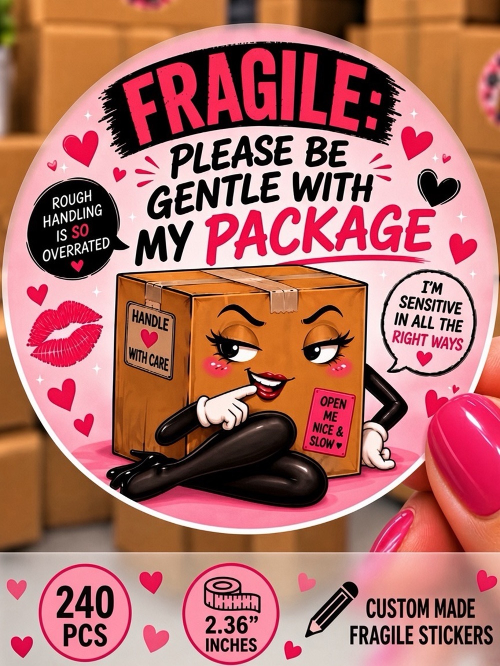 240PC Large Fragile Stickers - 'Please Be Gentle With My Package' Custom Made